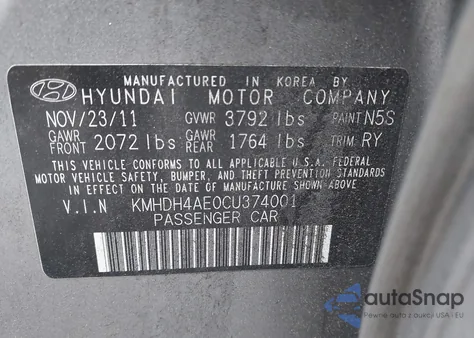 2012 Hyundai Elantra Limited (Ulsan Plant) from USA, damaged, VIN KMHDH4AE0CU374001